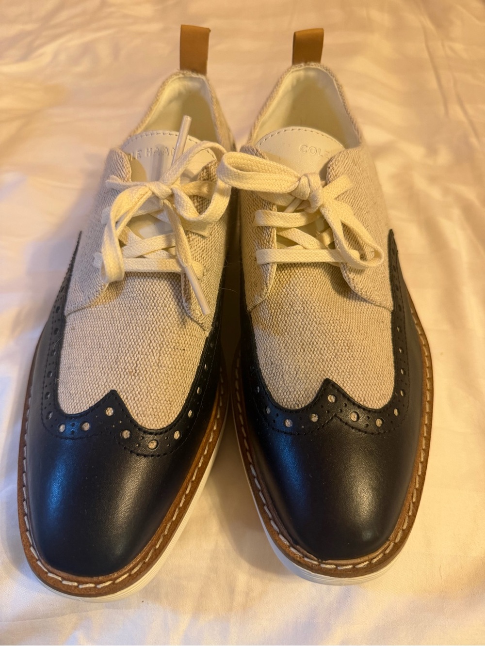 Cole Haan Two-Tone Cream Canvas and Black Leather Wingtip Flats